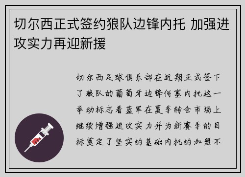 切尔西正式签约狼队边锋内托 加强进攻实力再迎新援